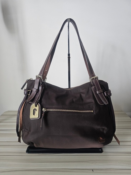 Dooney & Bourke Handbags - Dooney & Bourke Dark Brown Nylon Leather Shoulder Bag with Gold-Tone Hardware